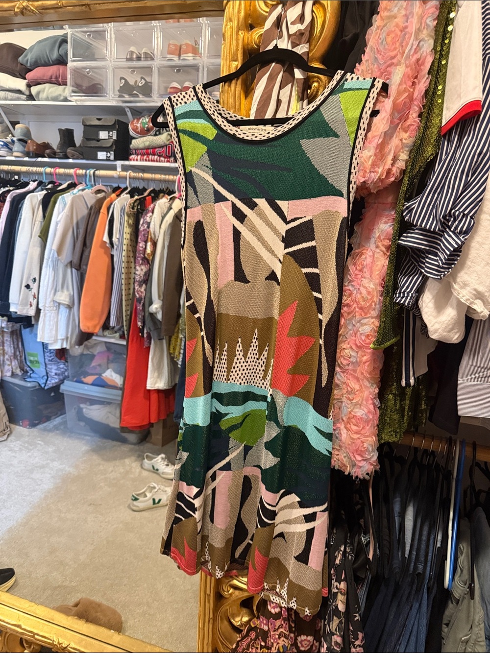 Abstract Sleeveless Mini Dress in Green, Pink & Brown